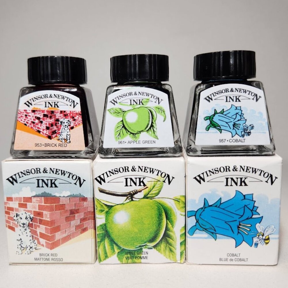 3X Winsor & Newton Drawing Ink 14ml Bottle Blue Red Green Shimmer NEW Art Suppli